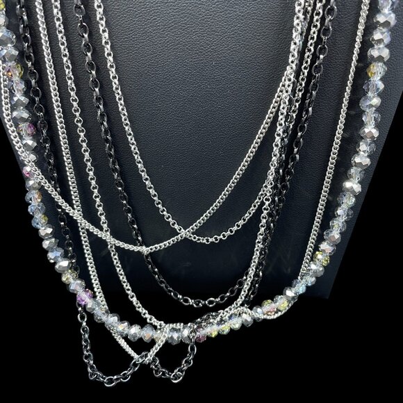 Multilayer Crystal Beaded Silver Black Chain Necklace Statement Coquette Glam - Picture 5 of 8